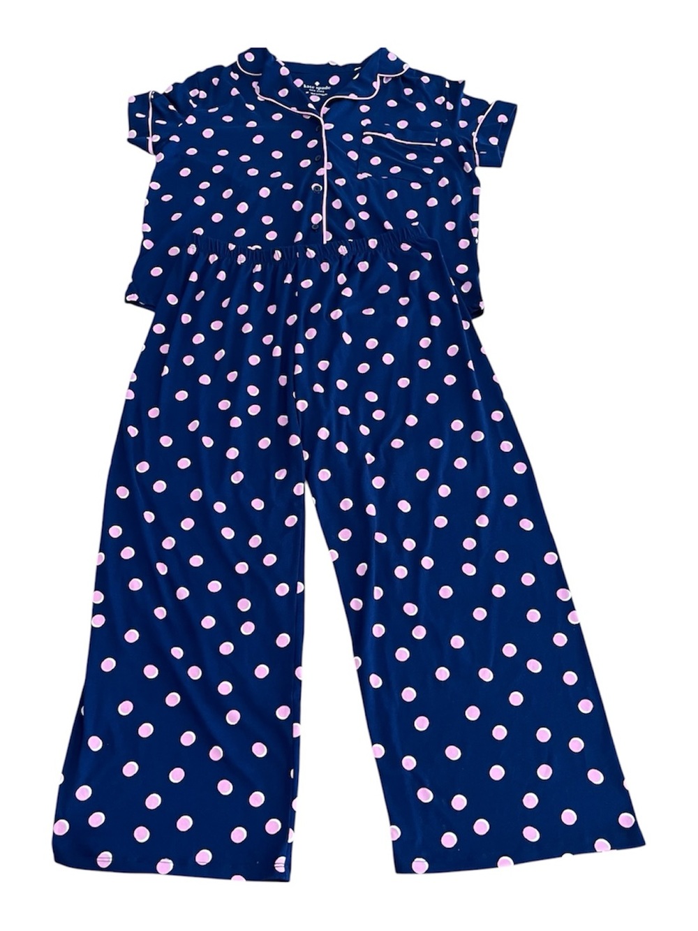 Kate Spade Notch Collar Short Sleeve Capri Length Navy Pink Dot Pajama Set